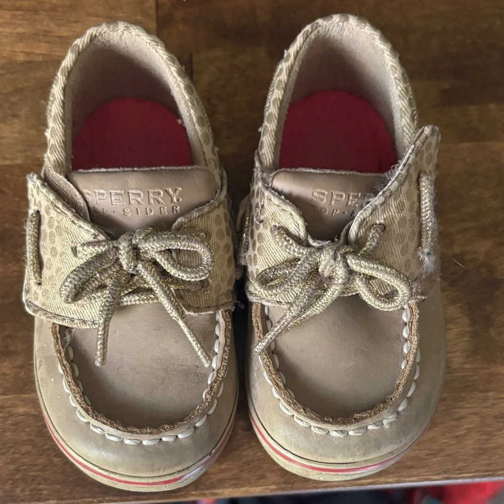 Used Sperry Kids Tan Slip-On Moccasins with Red Insole Accents